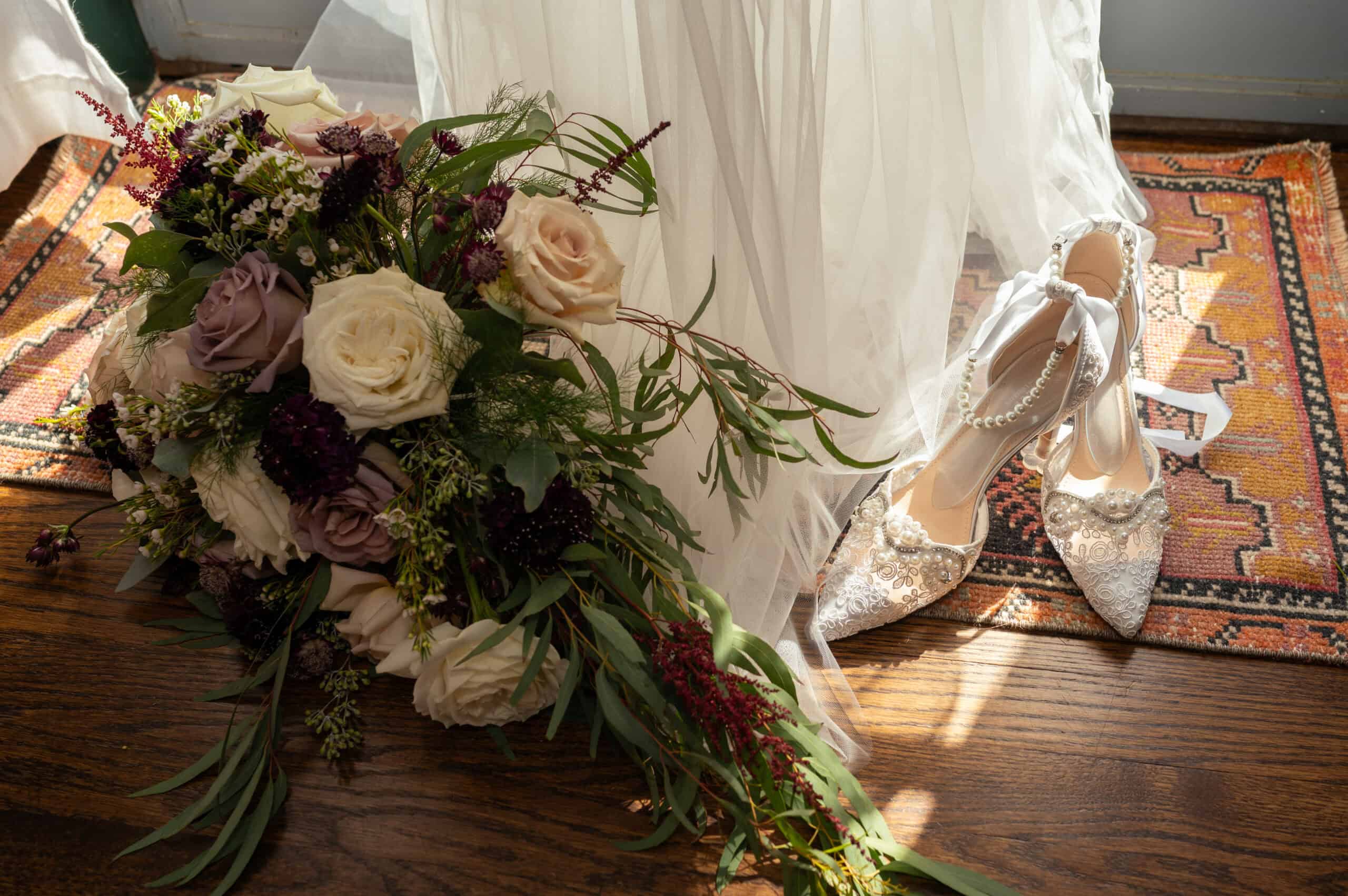 bouquet shoes and dress for wedding photography in maryland